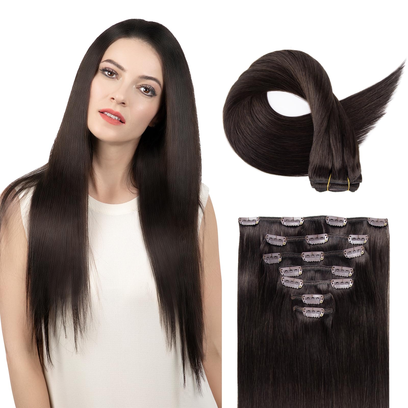 SoBeauty Clip in Hair Extensions Real Human Hair, Remy Human Hair Clip in Extensions for Long Hair, Dark Brown Straight Hair Extensions Add Volum add