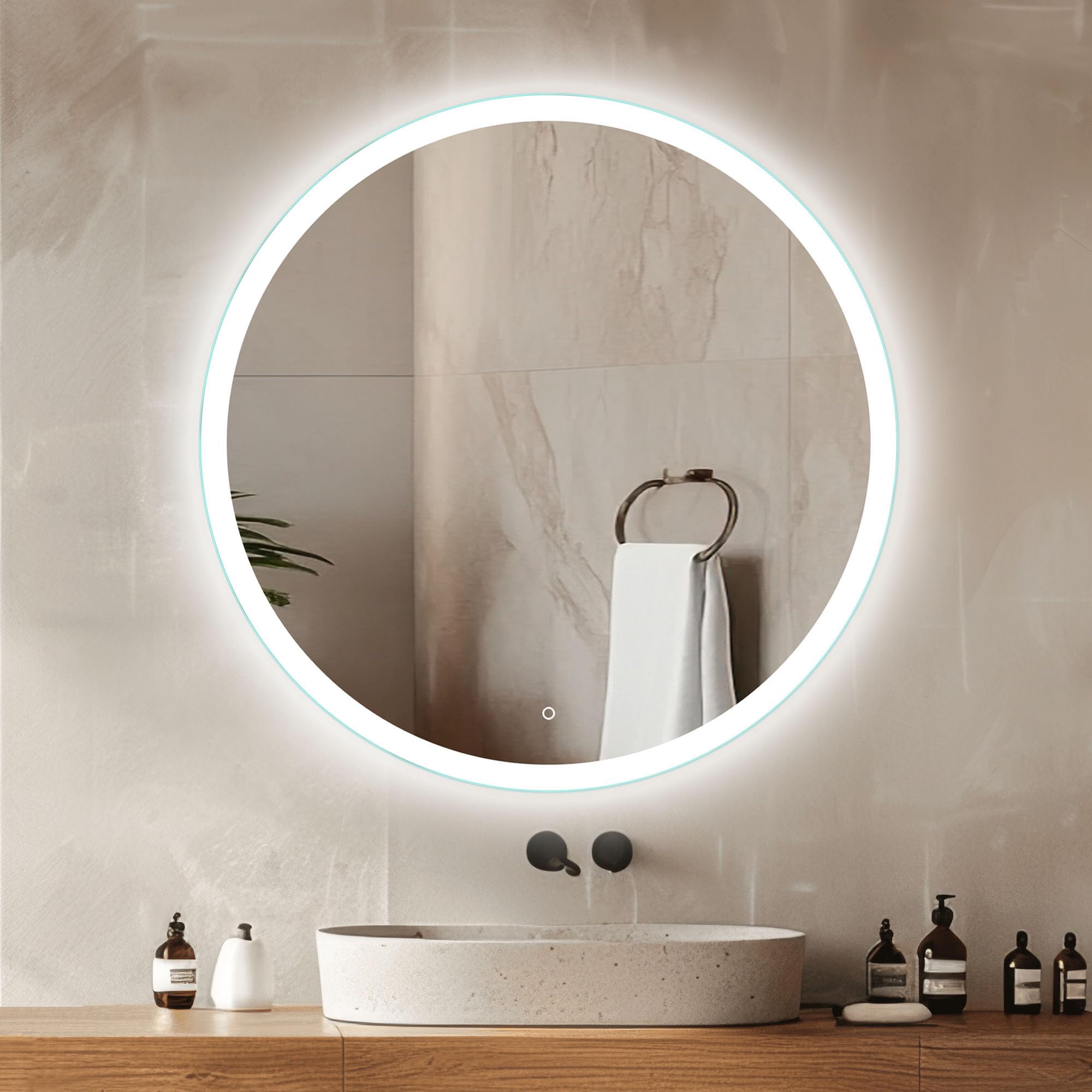 Venti Runde LED Badspiegel 60 cm, Frontbeleuchtung | Badezimmerspiegel mit Beleuchtung, LED Wandspiegel, Touchschalter, Neutralweißes Licht, Modernes Design
