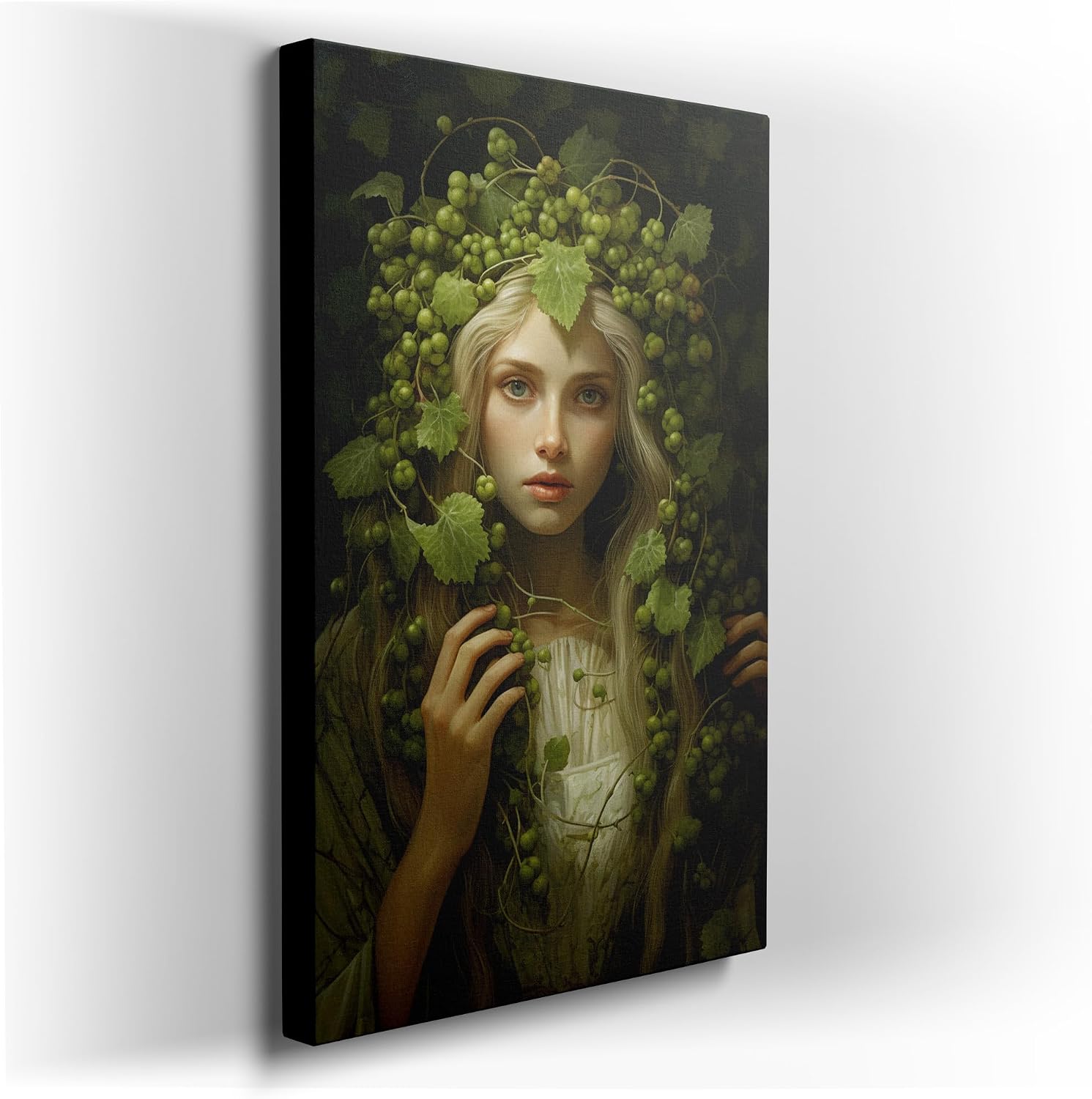 Canvas for Living room. Enigmatic Beauty Amidst the Vine: Unveiling the Dreamy Essence of the Grapevine Goddess, 27 x 18 inch Canvas Wall Art - Contemporary Masterpieces - Inspirational Office Decor