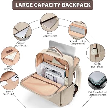 Laptop Backpack, Hand Luggage, 16 Inches, Backpack for Men and Women, Business Backpack, Waterproof, Backpack Daypack for School, Cycling, Leisure and Travel, apricot, 16 Zoll