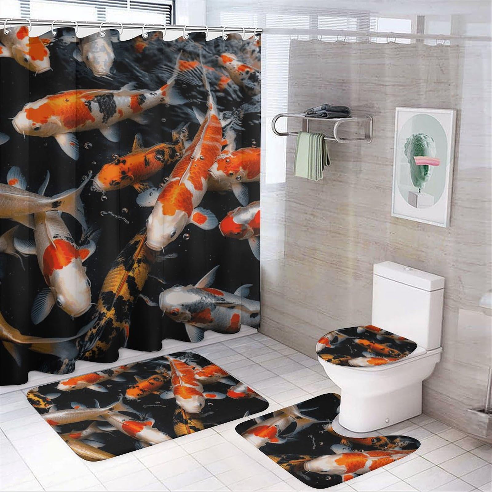 Rideau de douche motif poissons japonais avec tapis antidérapant
