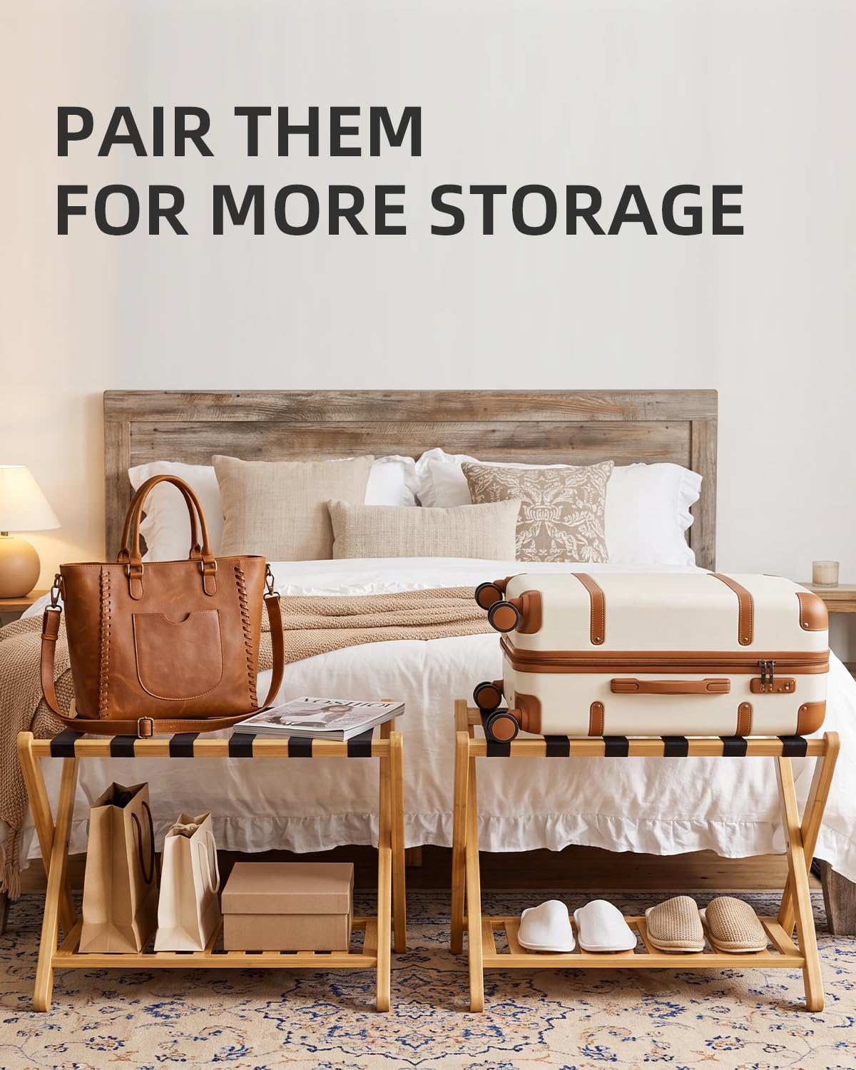 SMIBUY Porte-bagages, support de valise pliable en bambou avec étagère de rangement pour chambre d’amis, chambre, hôtel, robuste (naturel et noir)