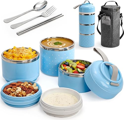 Yopay Lonchera de acero inoxidable con aislamiento de 3 niveles, control de porciones, apilable para llevar, contenedor de almuerzo con bolsa