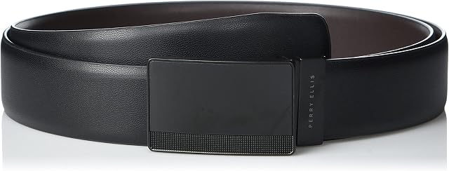 Perry Ellis mens Reversible Leather Belt With Black Pattern PlaqueBelt