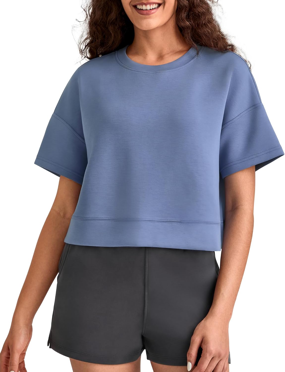 G4Free Smoofit Modal Soft Boxy Tee Shirts Women Short Sleeve Drop Shoulder Crew Neck Basic Crop Tops Loose Casual Lounge