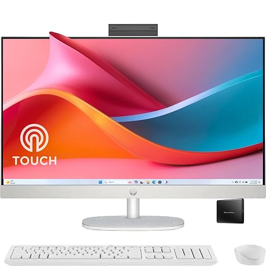 HP 27" FHD Touchscreen All-in-One Desktop Computer, 16GB DDR5 RAM, 1TB SSD Storage, AMD Ryzen 5 7520U Processor, WiFi6, Wireless Keyboard & Mouse, Windows 11