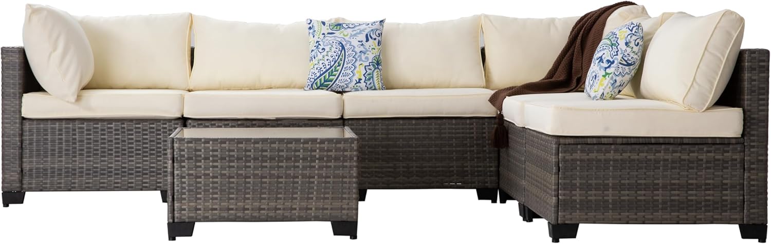 All-Weather 7-Piece Gray PE Wicker Patio Conversation Set with Beige Cushions and Coffee Table