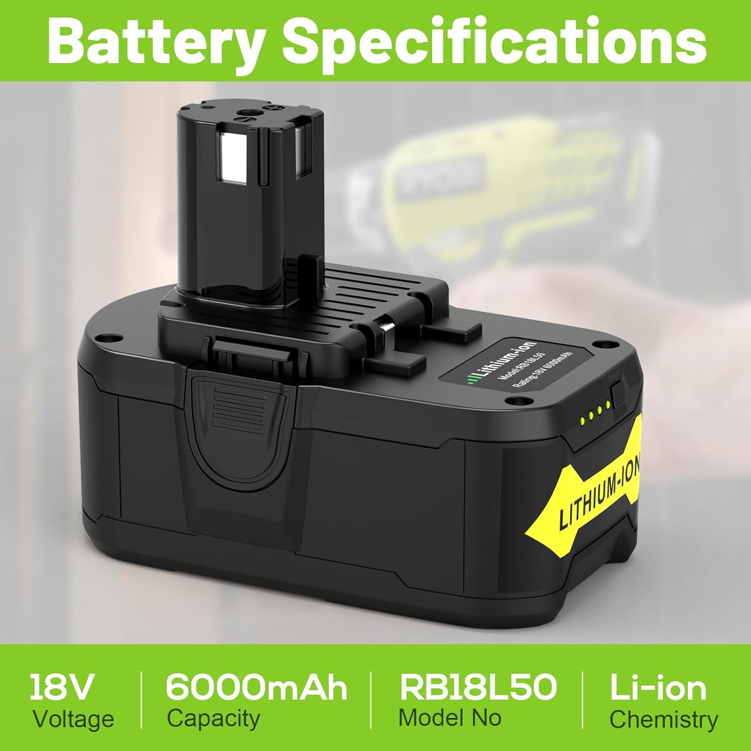 Futurebatt 2Pack 18V 6.0 Ah HIGH Capacity Battery for Ryobi ONE+ System P102 P103 P105 P107 P108 P109 P122 18-Volt LED Gauge Indicator Cordless Tool Battery - Image 3