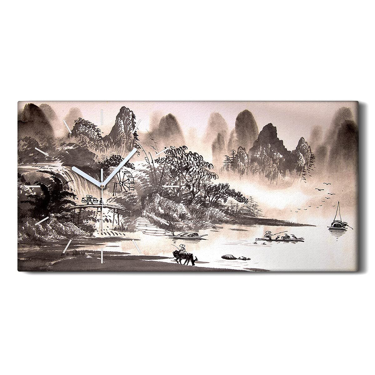 Horloge sur Toile 60x30cm Salon - Peinture Aquarelle de Paysage Chinois