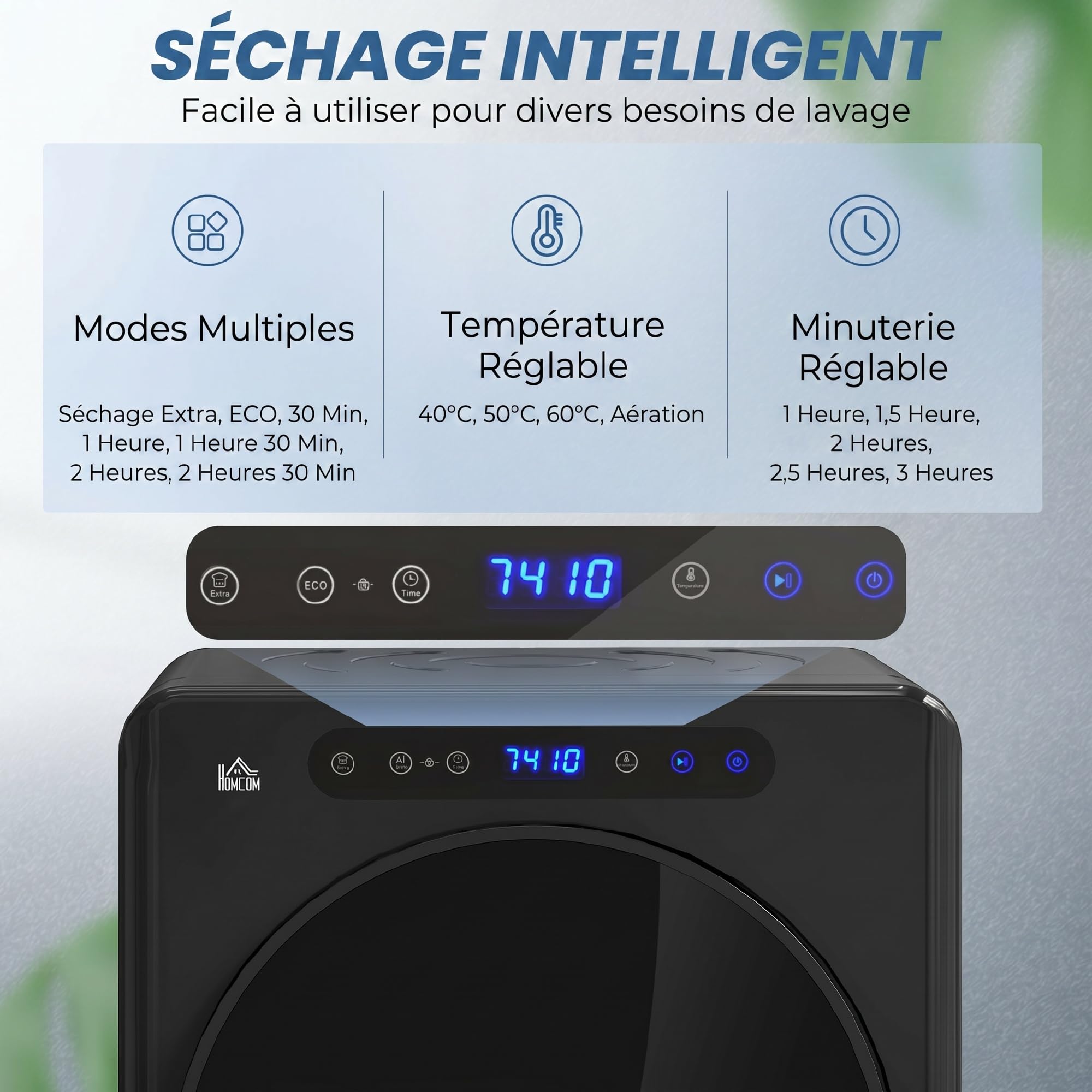 HOMCOM Sèche Linge à Évacuation Compact, Sèche-Linge Électrique 1000W, 3kg, Modes Extra Dry et ECO, Cuve en Acier Inoxydable, Charge Frontale, Noir