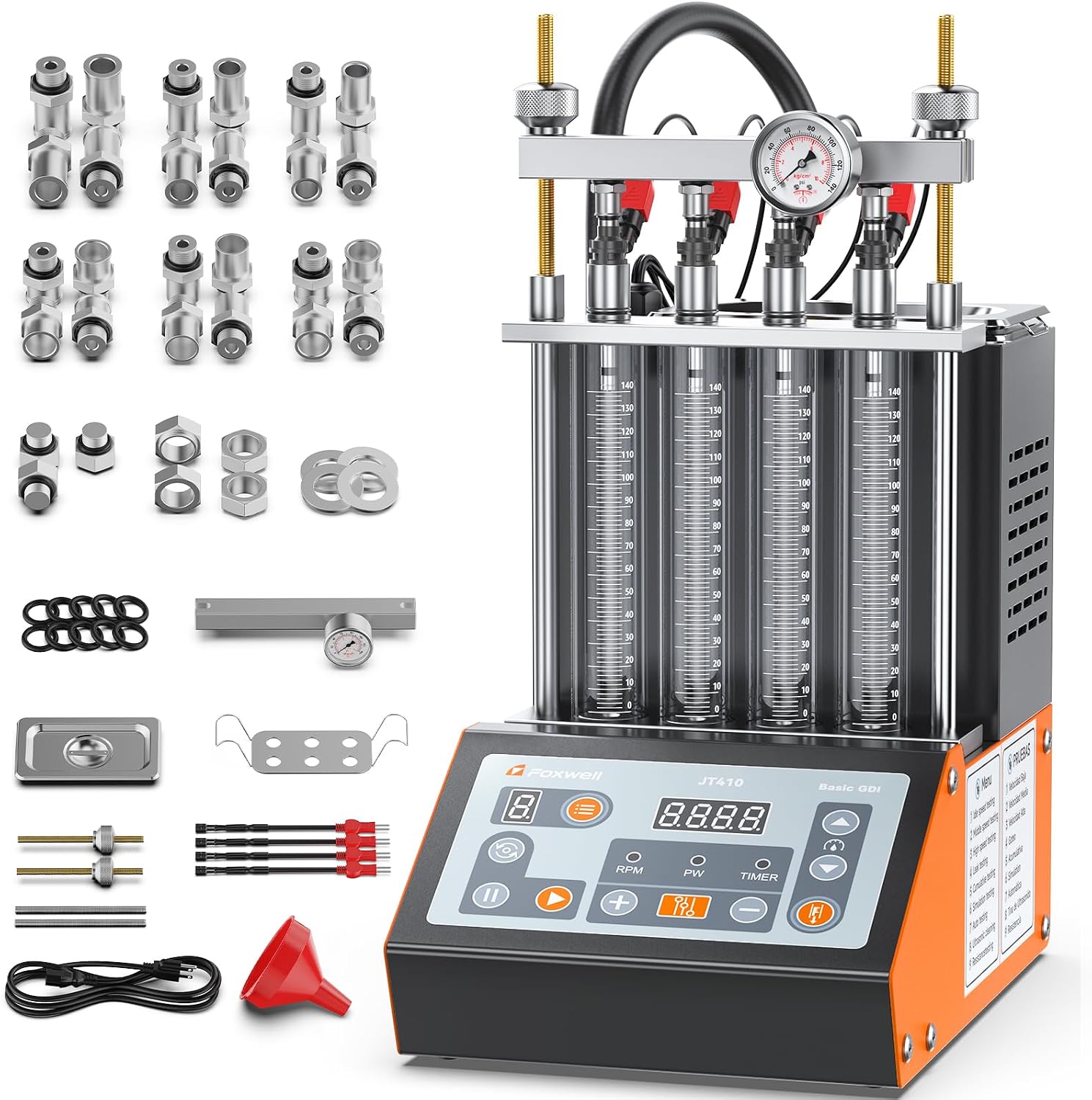 FOXWELL JT410 Fuel Injector Tester & Cleaner Machine, 4-Cylinder Ultrasonic Injector Cleaner with Heating, Featuring Visual Spray Pattern & Flow Rate, Resistance & Leak Test for 12V Injectors