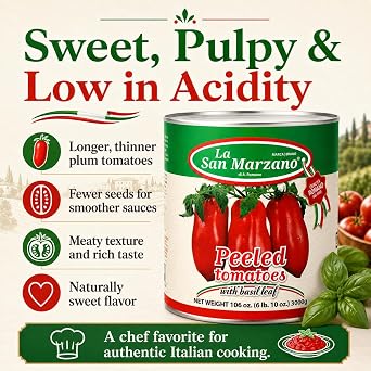 La San Marzano - Peeled Plum Tomato Puree with Basil, 106 oz | Large Can, Premium Quality Fresh Peeled Plum Tomatoes in Puree with Basil Leaf, Low Acidity, Non GMO, Product of Italy