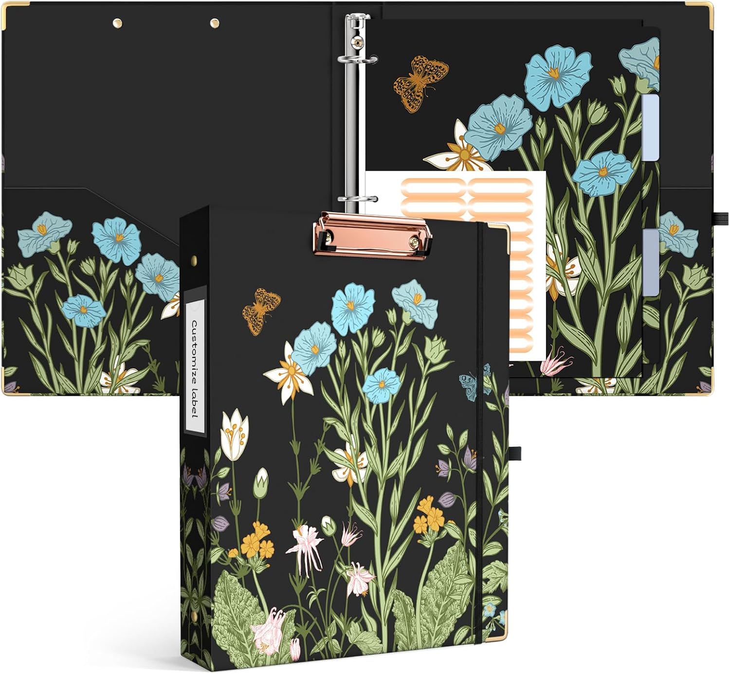 Ospelelf Binder 3 Ring 1 Inch, Floral Round Ring Clipboard Binder for Letter Size with 5 Tab Dividers, File Folder Labels, for School and Office Supplies