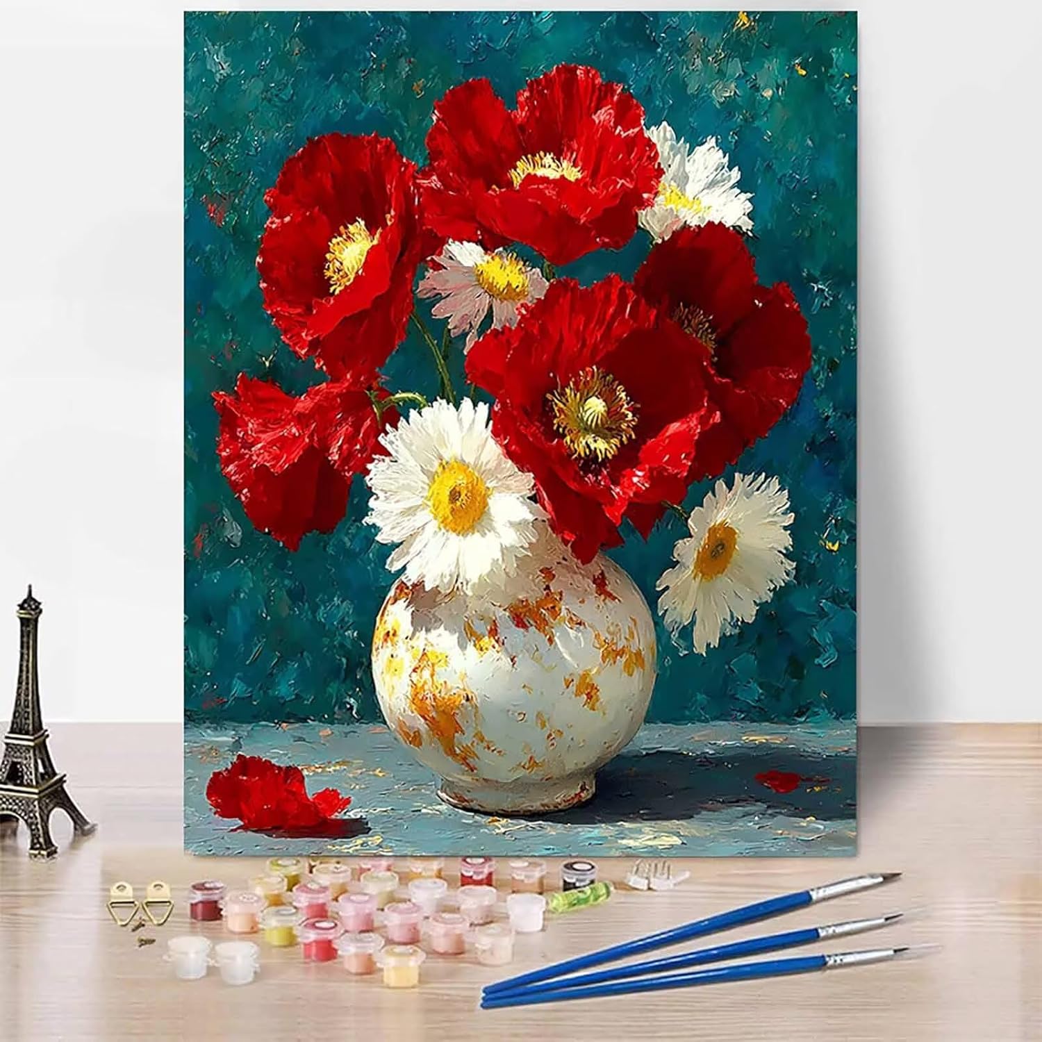 花 数字油絵 花瓶 数字キット塗り絵 初心者, 手塗り DIY絵 デジタル油絵 3本のブラシとアクリル絵の具付き, ホームウォールデ