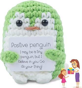 Positive Penguin Emotional Support Penguin Crochet, Positive Mini Knitted Doll with Creative Card Handmade Motivational Good Luck Funny Gifts Friends Party Decoration Presents for Kids Boys Girls
