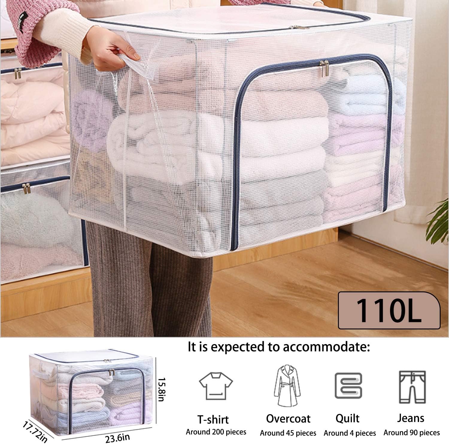 Clothes Storage Bag 110L Large Capacity Organizer Large Blanket Storage Chest Comforter Bag Storage Sturdy Zippers,Reinforced Handle 3 Fixed Folding Steel Frames, Visible Grid, Waterproof And Dustproof (3 Pack) : Home & Kitchen