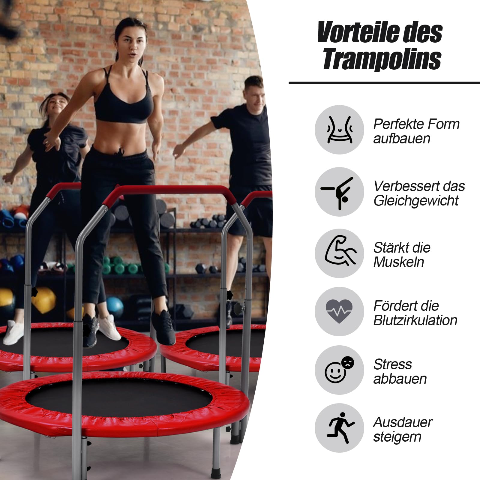 GYMAX Trampolin Fitness Adultos de 101 cm, Cama Elastica Fitness con Asa Ajustable de 4 Niveles, Carga máxima de 150 kg, Mini Trampolín Plegable para Interiores