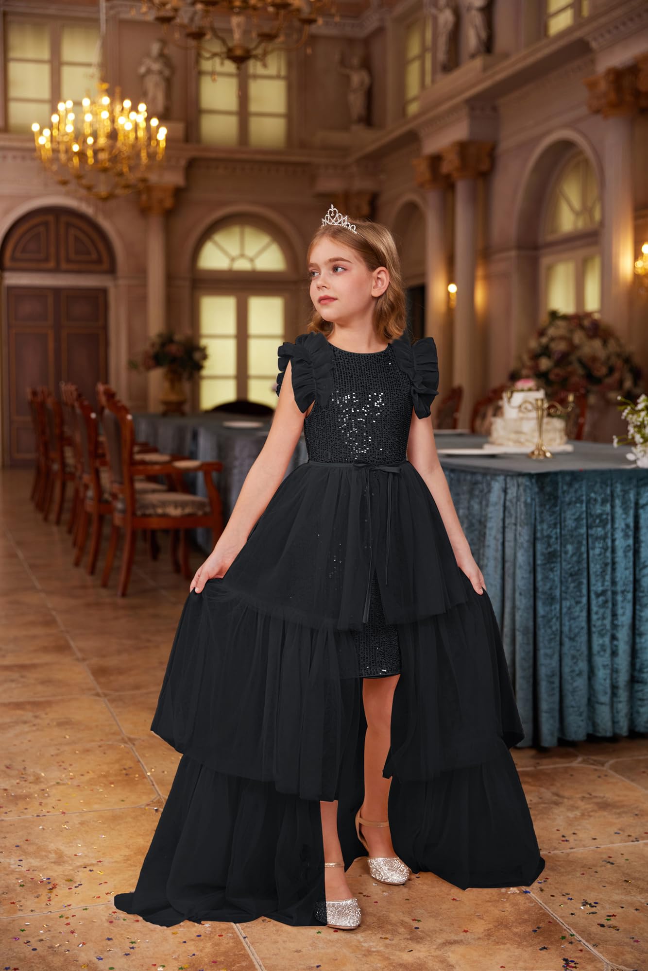 GRACE KARIN Mädchen Glitzer Prinzessin Kleider Flatterärmel Tüllkleid | Zweiteiliges Set bestehend aus Kleid und Überrock,Gefüttert,Leicht Dehnbar,Party,Geburtstag