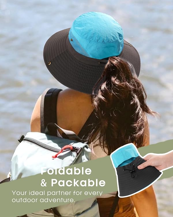 FURTALK Womens Sun Hat with Ponytail Hole Beach Hiking Summer Wide Brim UPF 50+ Outdoor Protection Foldable Bucket Hat Blue, One Size by FURTALK - Used condition - Image 4