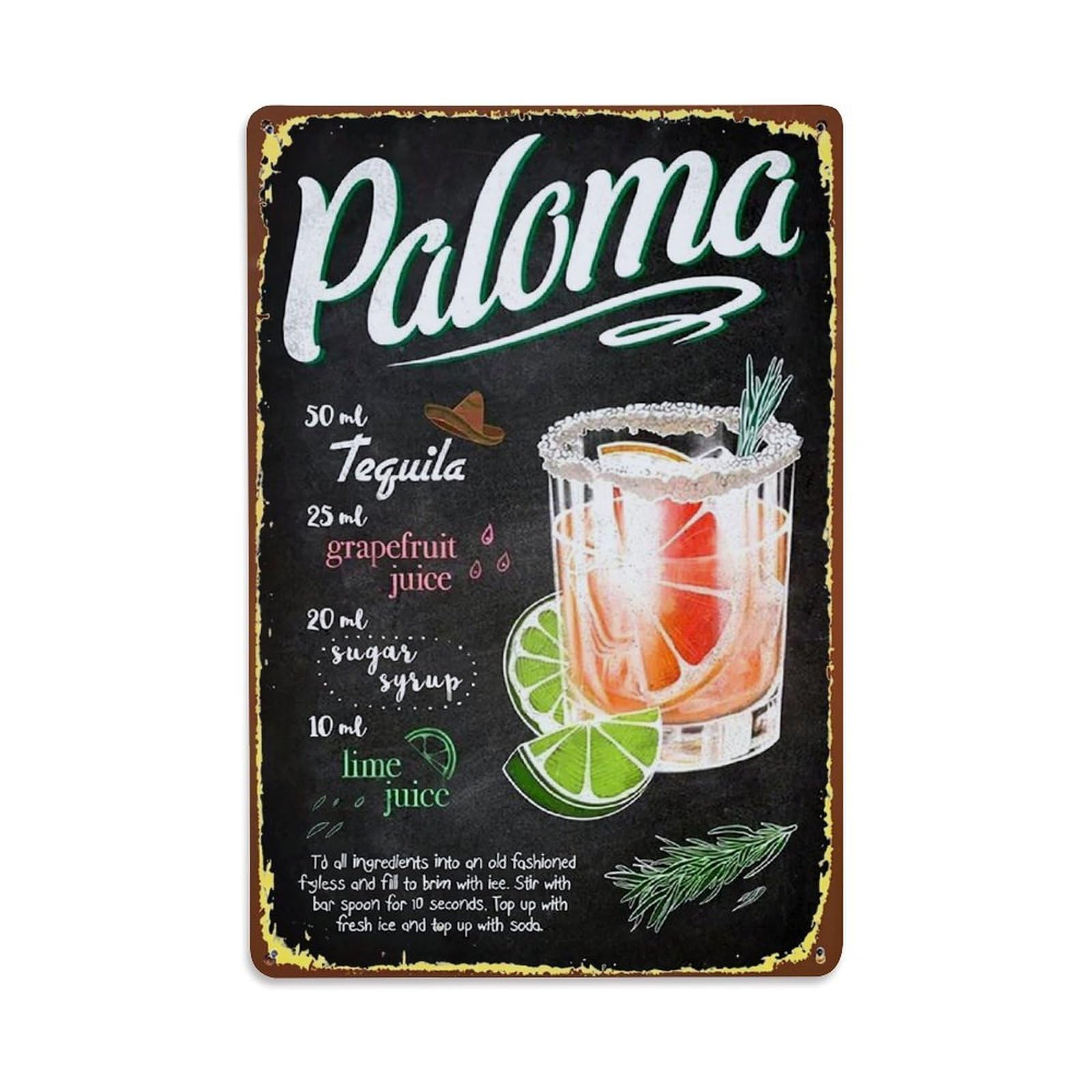 Jdfenggu Vintage Paloma Cocktail Recipe Artwork Retro Metal Tin Sign, Decor Art Poster For Bar, Home, Man Cave, Kitchen, Laundry Room Gift 8X12inch