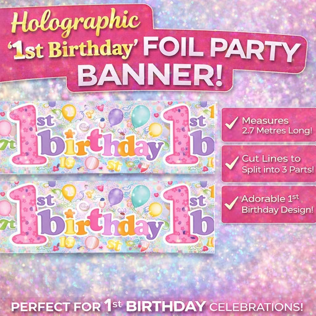 Happy 1st Birthday Party Banner Little Girl's Age 1 Party Decorations Garland Extra Wide Giant Party Supplies Banner Birthday Girl Pink Recyclable Eco Friendly Holographic Shiny Sparkly Party Banner