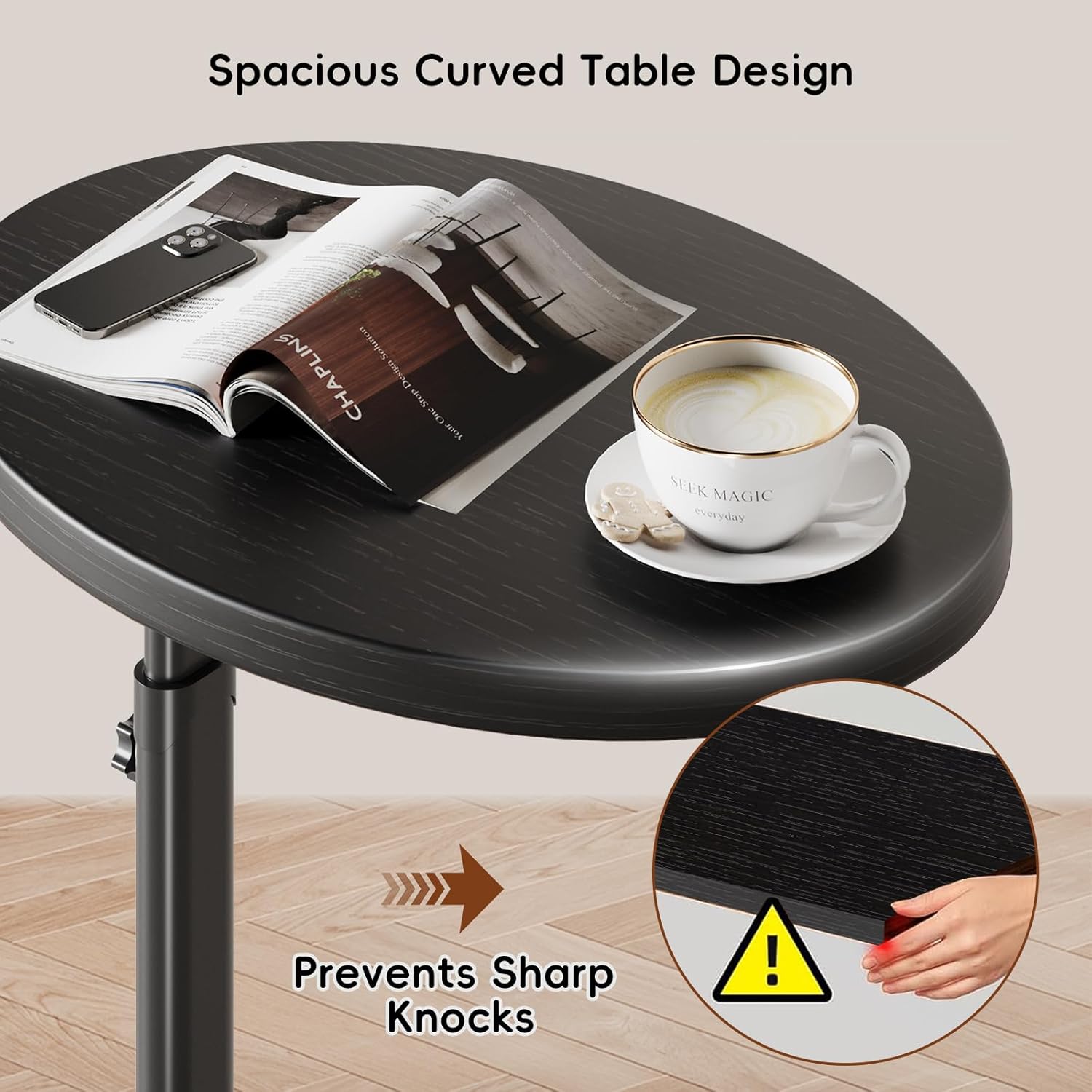 TV Tray Table with Infinite Adjustable Height - C-Shaped Sofa End Side Table for Snack Laptop Desk Small Spaces (Black)