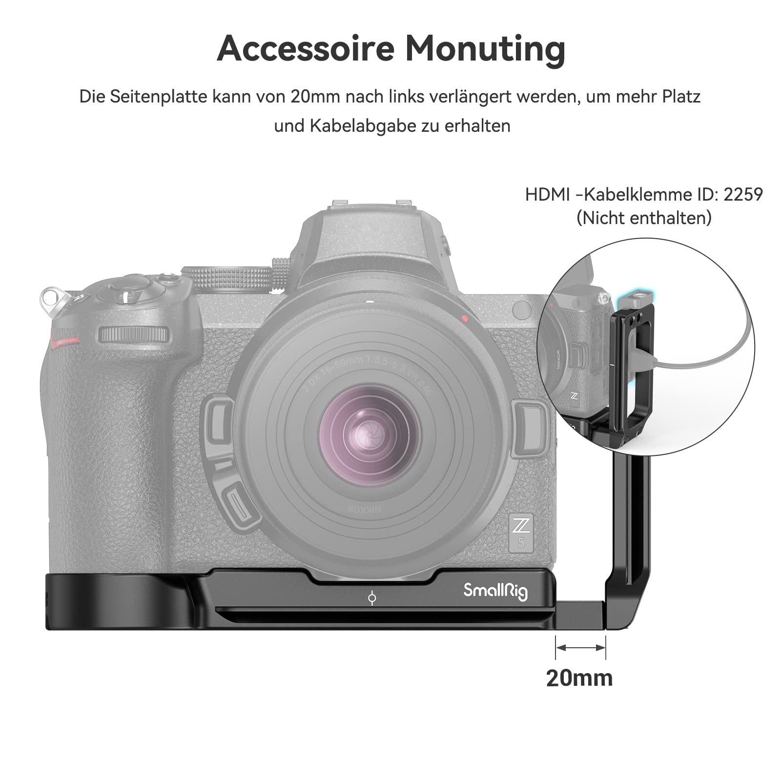 SMALLRIG L Bracket L Winkel für Nikon Z5 / Z6 / Z7 / Z6II / Z7II Kamera, Flexible Seitenplatte, 1/4"-20 Gewindebohrungen - 2947
