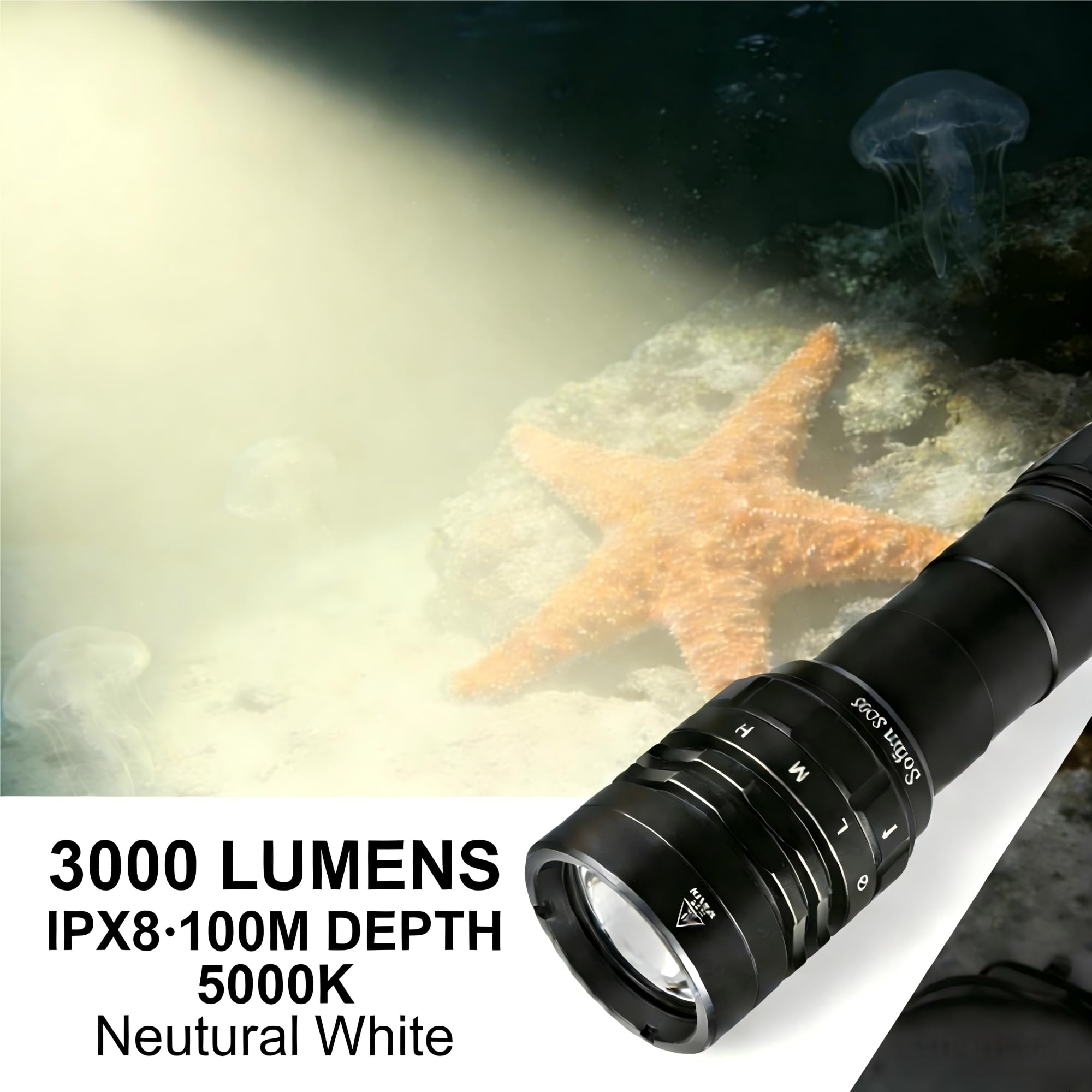 sofirn SD05 Tauchlicht 5000K, 3000 Lumen Naturweiß Unterwasser-Taschenlampe, IPX8 Wasserdicht 100M Tauchlampe, Magnetischer Ringschalter, 4 Modi für Rifftauchen & Unterwasserfotografie