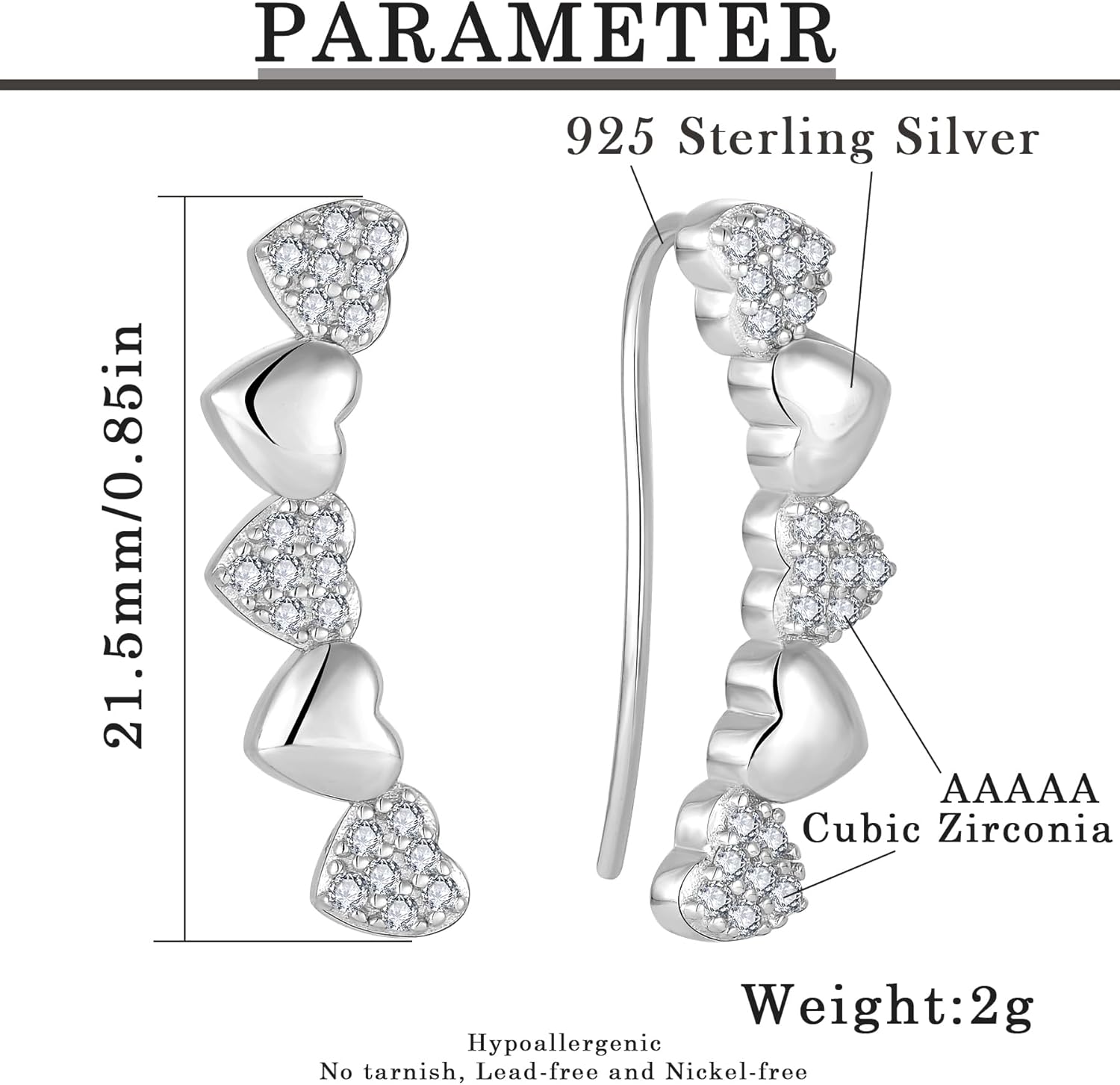 Heart Climber Earrings for Women 925 Sterling Silver White/Yellow/Rose Gold Plated Cubic Zirconia Ear Crawler Earrings Jewelry - Image 6