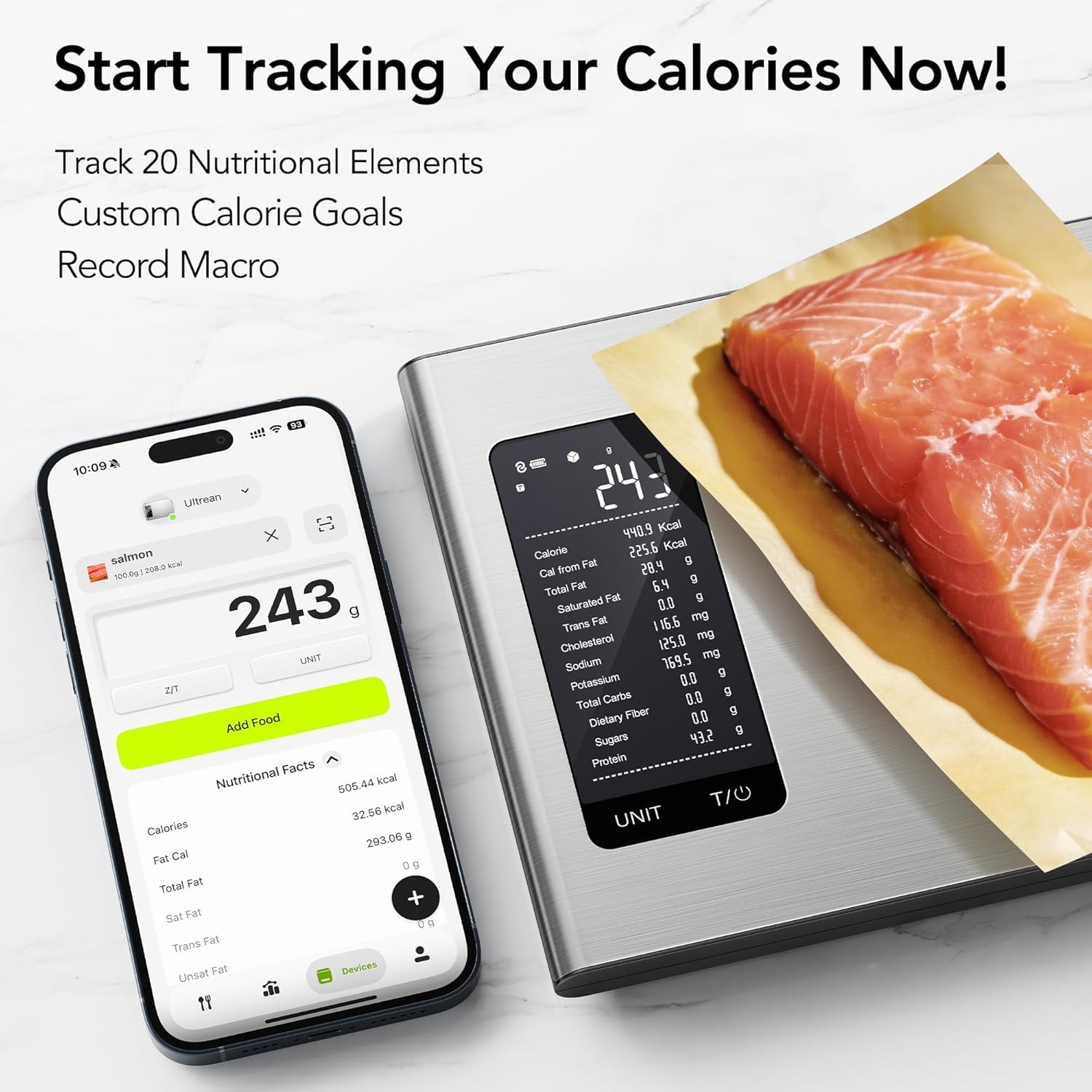 Ultrean K40H kitchen scale next to a smartphone displaying a food tracking app, showing calorie and nutritional data for salmon.