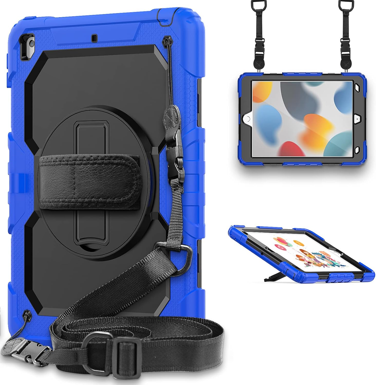 Heavy Duty Shockproof TPU Case for iPad 10.2 inch 2021/2020/ 2019,for iPad 9th/ 8th/ 7th Generation,Protective Cover W Screen Protector+Rotating Kickstand+Handle+Shoulder Strap(Light Light)