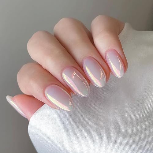 Medium Almond Press on Nails White Chrome Fake Nails with
