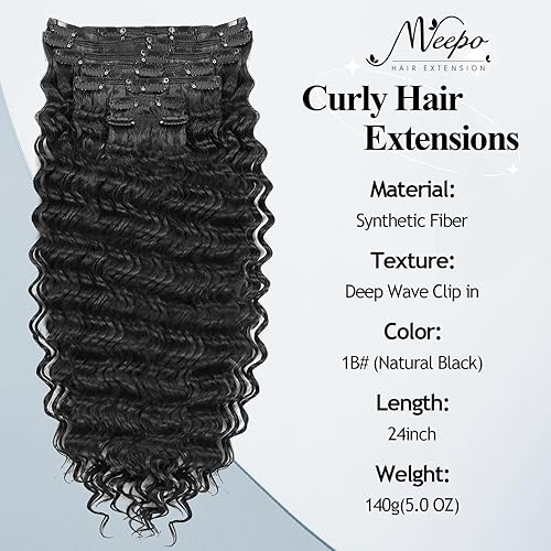 Miniatura 2 de Meepo Extensión de cabello rizado negro con clip para mujeres negras, extensiones de cabello natural grueso de onda profunda, extensiones de cabello