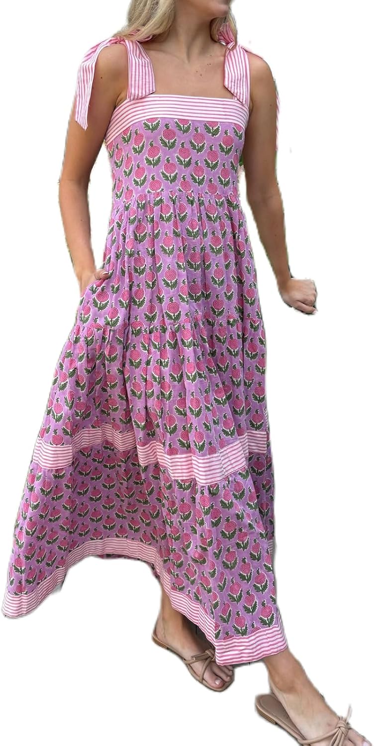 Women Boho Floral Maxi Dress Y2k Sleeveless Tie Shoulder Tiered Ruffle Long Dresses Summer Beach Sundress