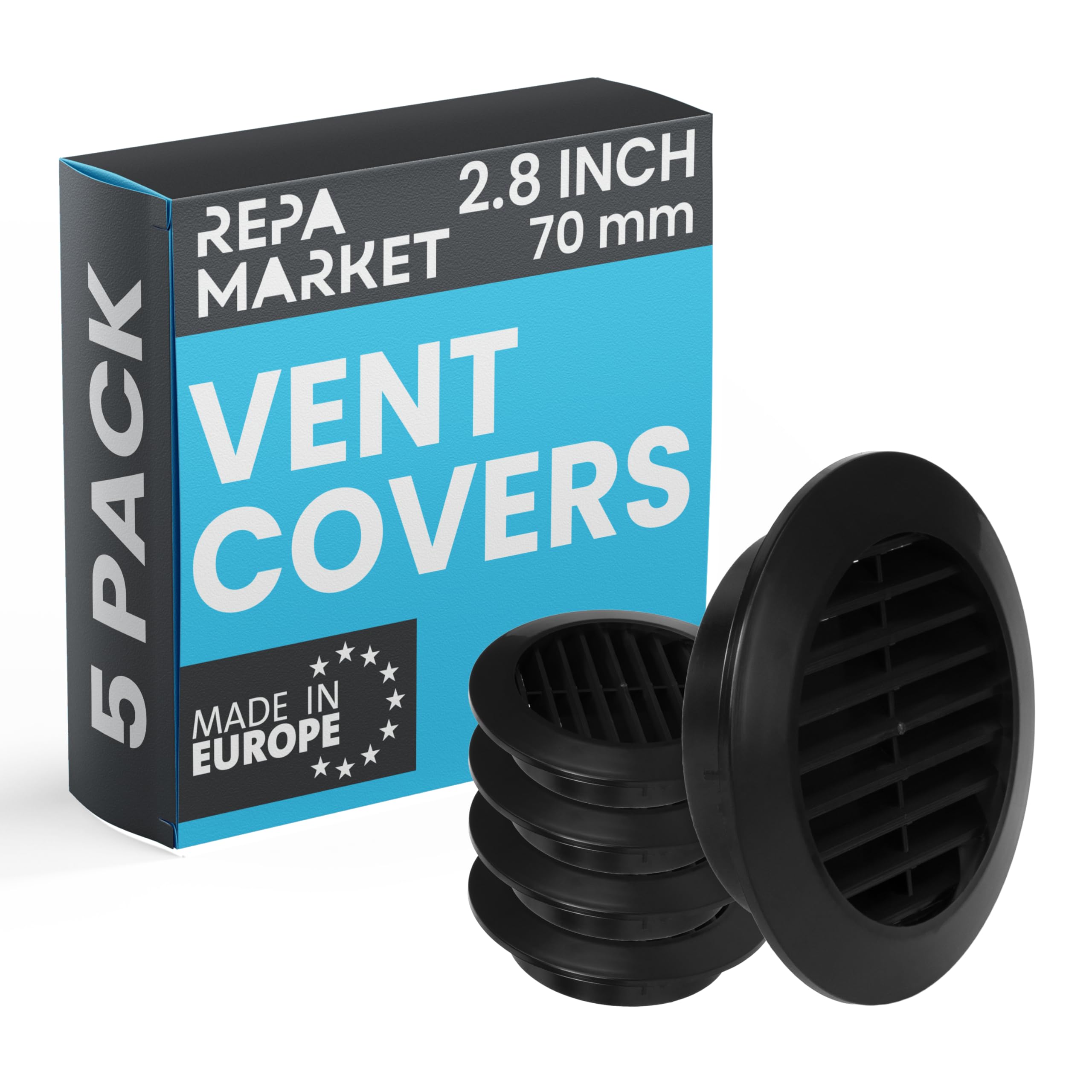 Repa Market 70mm Pack of 5 Black Vent Cover with Mesh Screen - Plastic Soffit Ventilation Grill - Louvered Vent for Indoor, Outdoor Wall Ducting - HVAC Louvre Grille for Kitchen, Bathroom