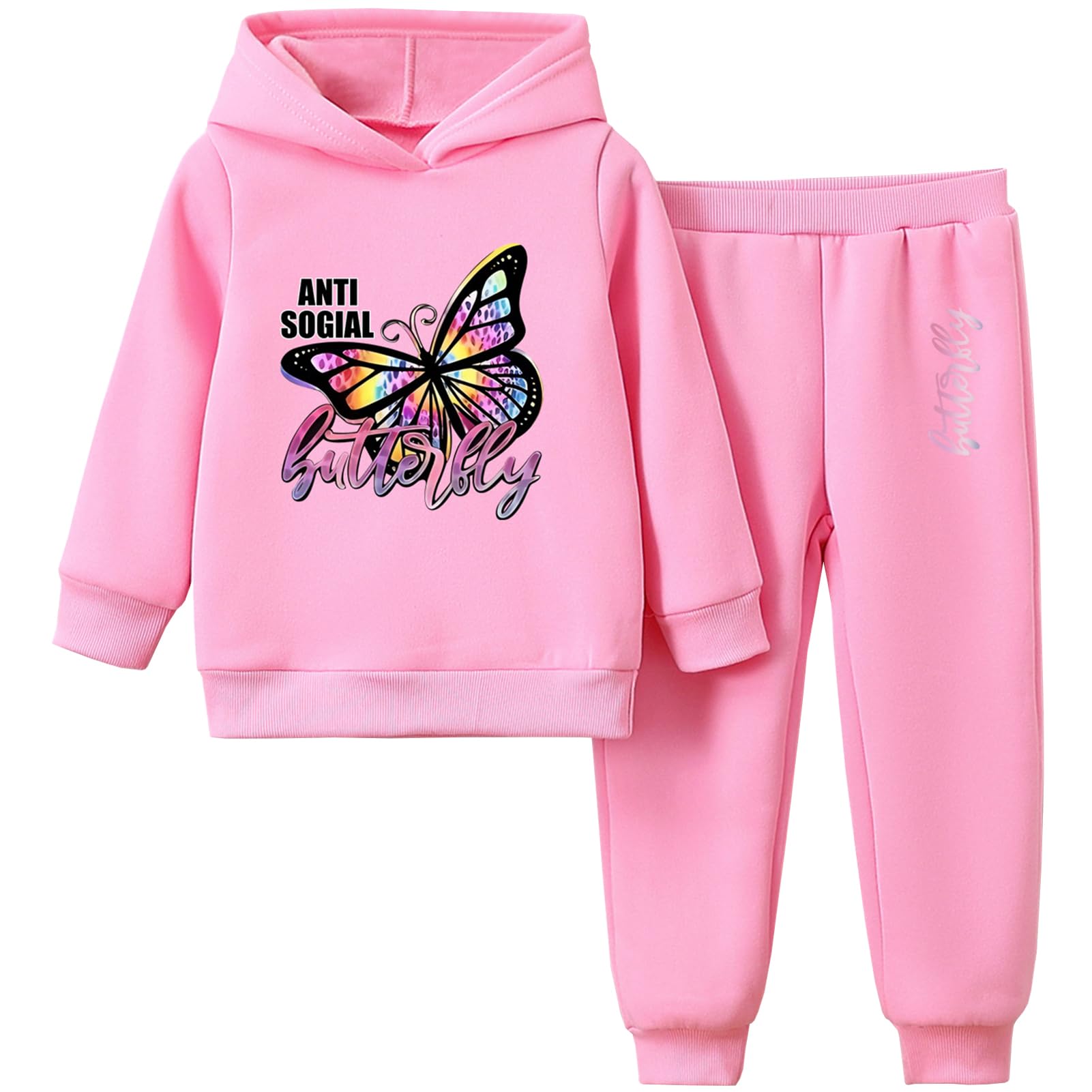 Trainingsanzug Kinder Mädchen Jogginganzug 2tlg Sweatshirt mit Kapuze + Sporthose Sportanzug mit Schmetterlingsprint