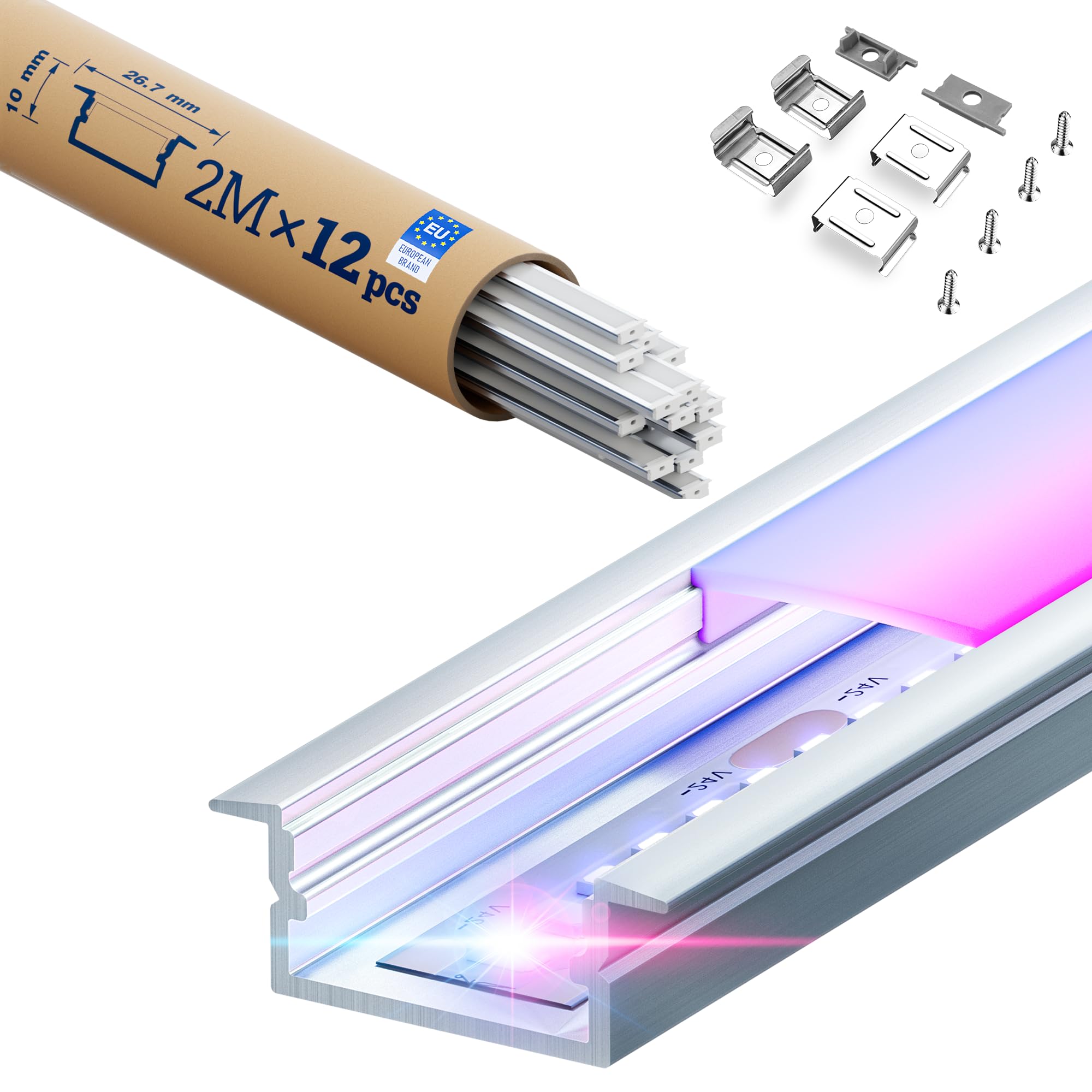 Riel LED – Perfil de aluminio 2 m x 12, perfil de aluminio para tiras de LED/tiras, canal LED, barra de aluminio, dimensiones 19,7 x 10 mm, para techo y paneles de yeso, iluminación indirecta