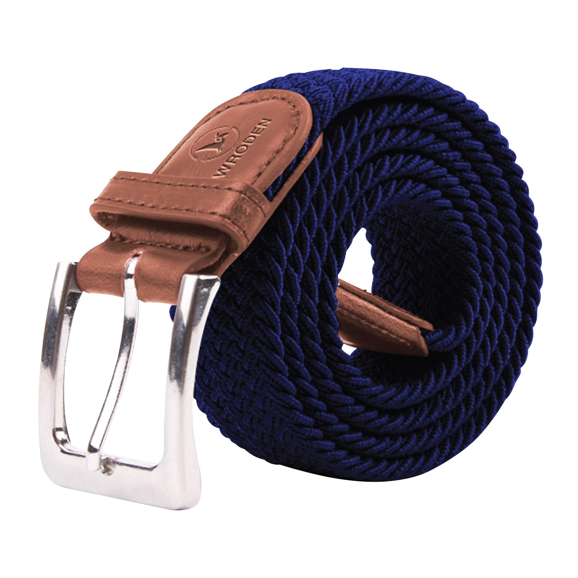 WRODEN Elastic Stretch Belt for Men - Polyester Braided Belt with Leather Ends, Pin Buckle - Elasticated Holeless Casual Belts for Men's Trousers/Jeans ((XL) 42"-44" Flexible Waist - 130cm)