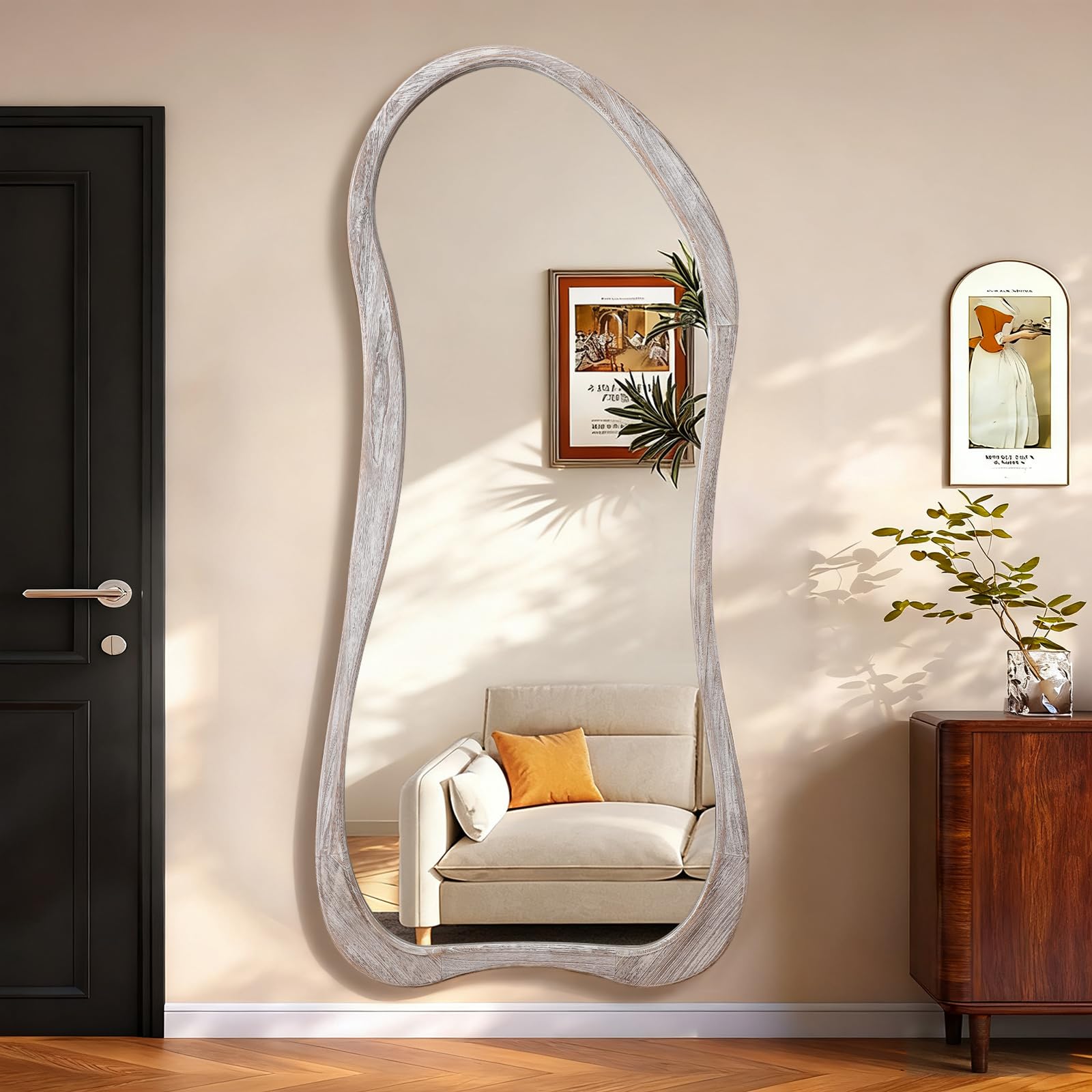 Aazzkang Rustic White Wall Mirror Full Length Rustic Wood Framed Floor Mirrors 180X80cm Irregular Large Full Body For Bedroom Living Room Entryway Dressing Room White