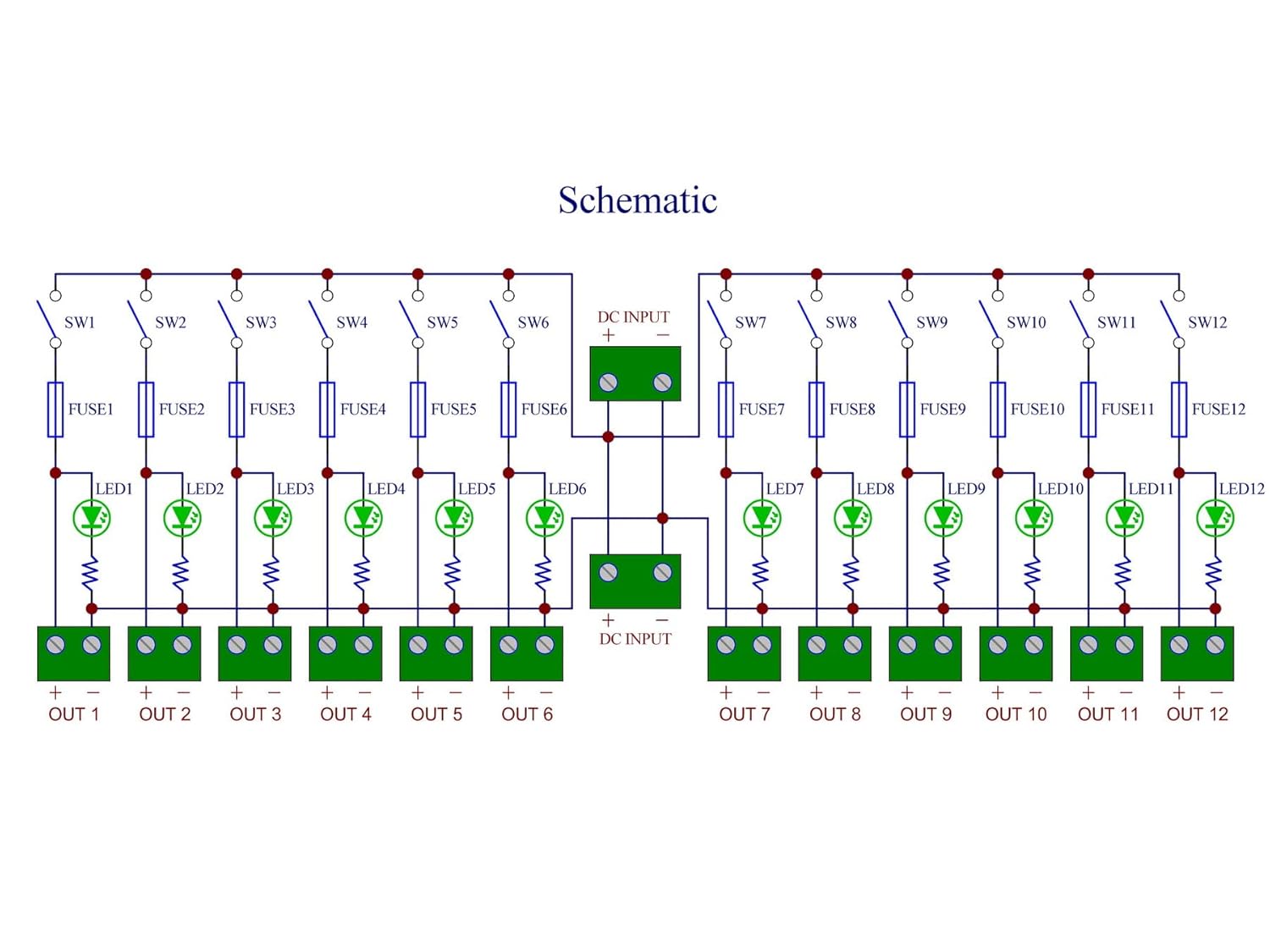 DC Power Distribution Module, Rocker Switch, Fused, Pluggable Top Wiring Terminal Block, DIN Rail and Screw Mount (12 Channel)