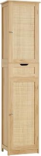 IWELL Tall Narrow Rattan Storage Cabinet with Doors, Adjustable Shelves & Drawer - Freestanding Linen Organizer for Bathroom, Kitchen, Living Room, Natural