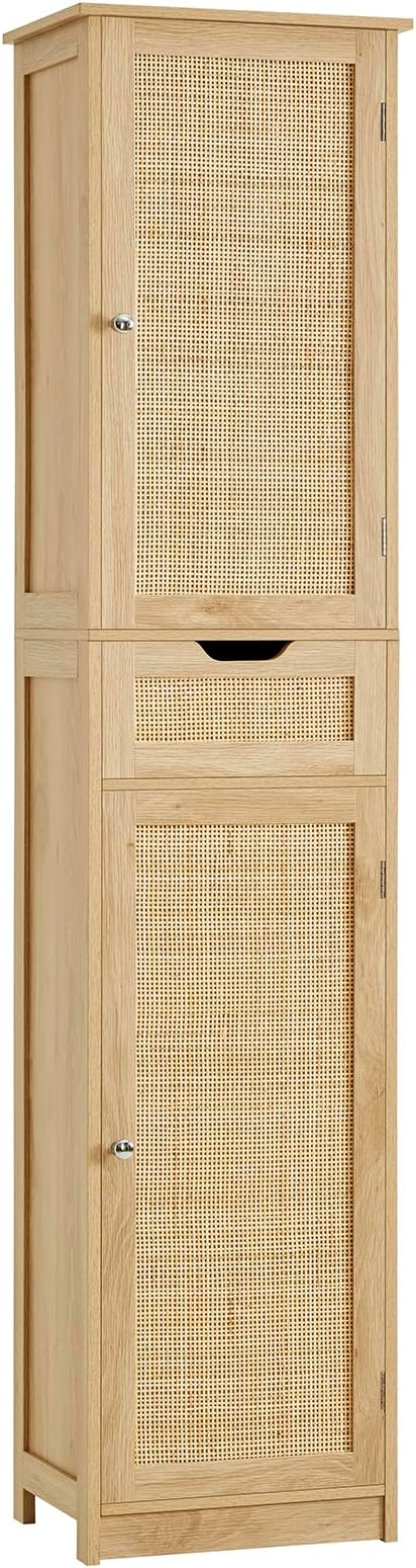 Iwell Tall Narrow Storage Cabinet with Doors, Rattan Cabinet with Adjustable Shelves, Freestanding Linen Storage for Living Room, Entryway, Kitchen, Bathroom, Natural