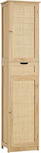 Iwell Tall Narrow Storage Cabinet with Doors, Rattan Cabinet with Adjustable Shelves, Freestanding Linen Storage for Living Room, Entryway, Kitchen, Bathroom, Natural