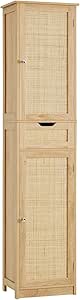 Iwell Tall Narrow Storage Cabinet with Doors, Rattan, Adjustable Shelves, Freestanding Linen Storage for Living Room, Entryway, Kitchen, Bathroom, Natural