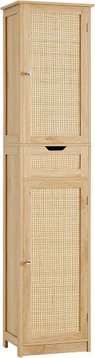 Iwell Tall Narrow Storage Cabinet with Doors, Rattan Cabinet with Adjustable Shelves, Freestanding Linen Storage for Living Room, Entryway, Kitchen, Bathroom, Natural