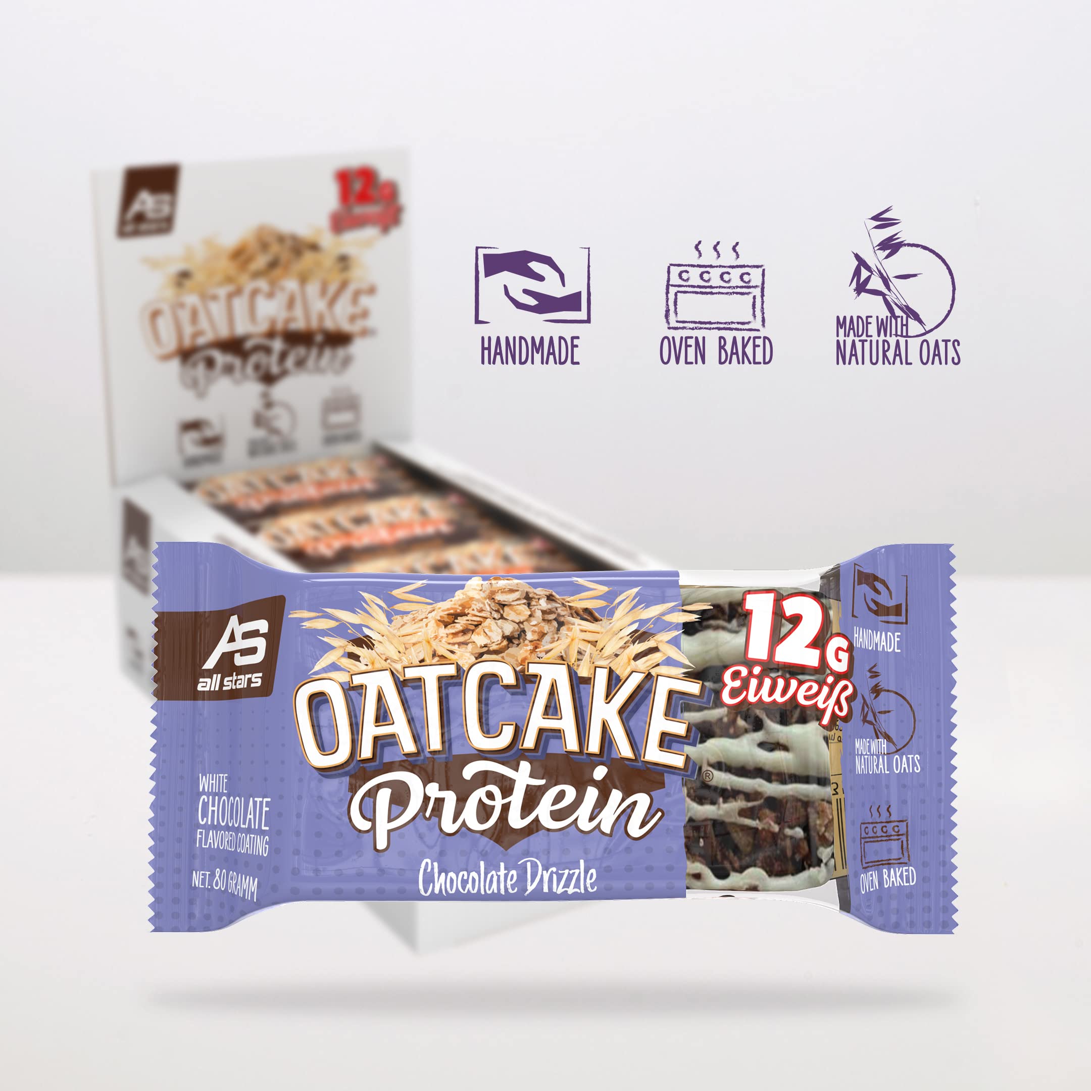 All Stars Oatcake Protein Bar Chocolate Drizzle I 12 Eiweiß-Riegel je 80g I Hafer-Riegel inkl. 12g Whey-Protein I Energy-Riegel mit hochwertigen Kohlenhydraten I süßer Müsli-Riegel super sättigend