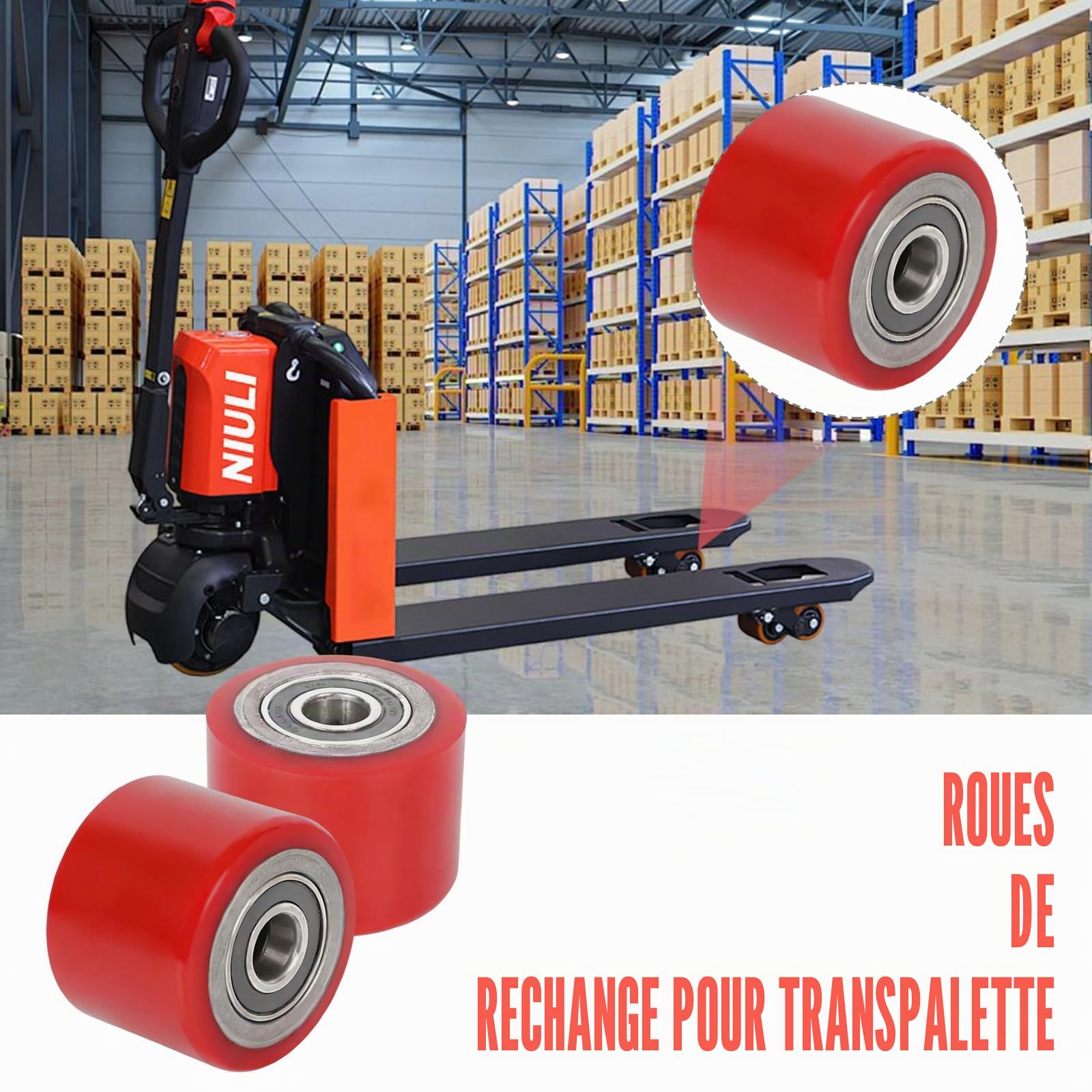 Lot de 4 roues polyuréthane 80x60 mm, axe 20 mm, roulement à billes, roulettes élévateur, roue de rechange 600 kg