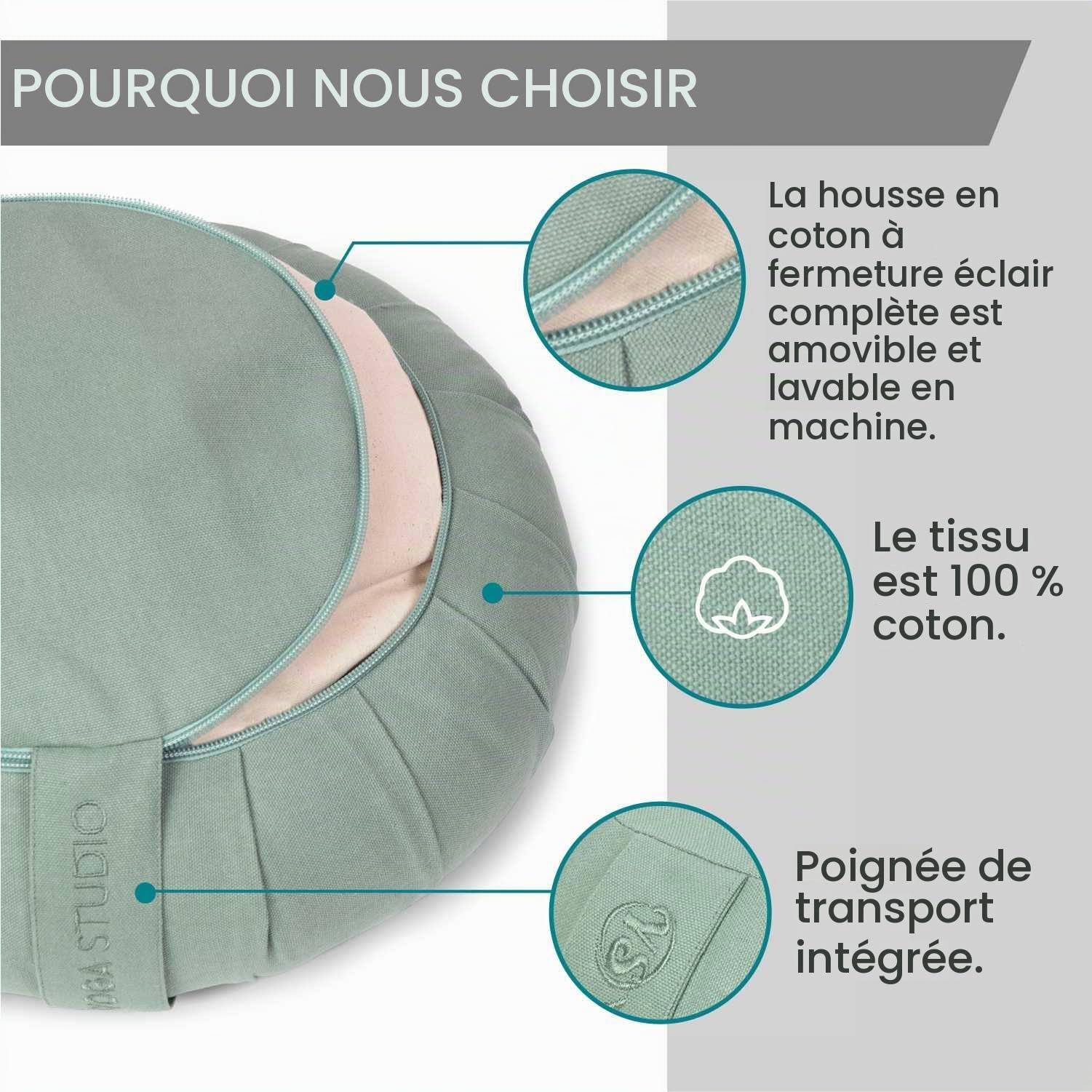Yoga Studio Zafu Coussin de méditation rond plissé - Motif feuille de lotus