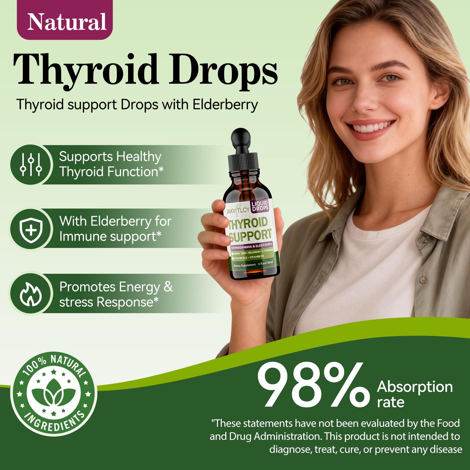 Thyroid Support Drops for Women & Men, 8-in-1 Iodine Supplements with Iodine,Ashwagandha,Selenium, Zinc, L-Tyrosine, Elderberry, B12,D3-Metabolism & Energy support,Non-GMO,Vegan,30 servings. — Amazon image 9