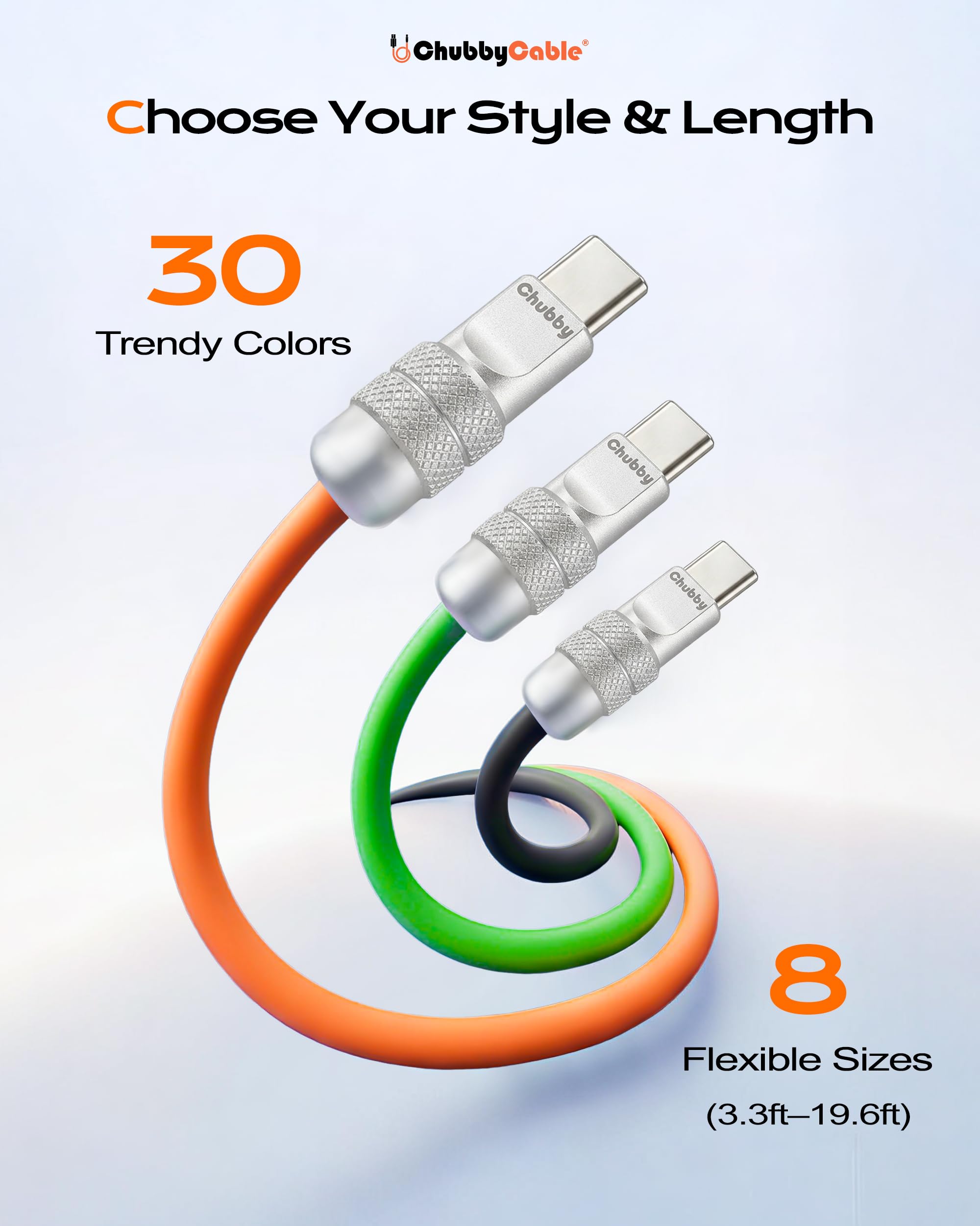 chubbycable Chubby - Cable USB C 2.0 de 120 W de carga rápida de silicona suave y duradero, cable de carga extra grueso compatible con iPhone 17-15 Series iPad, negro, USB-A a tipo C, 13.1 pies